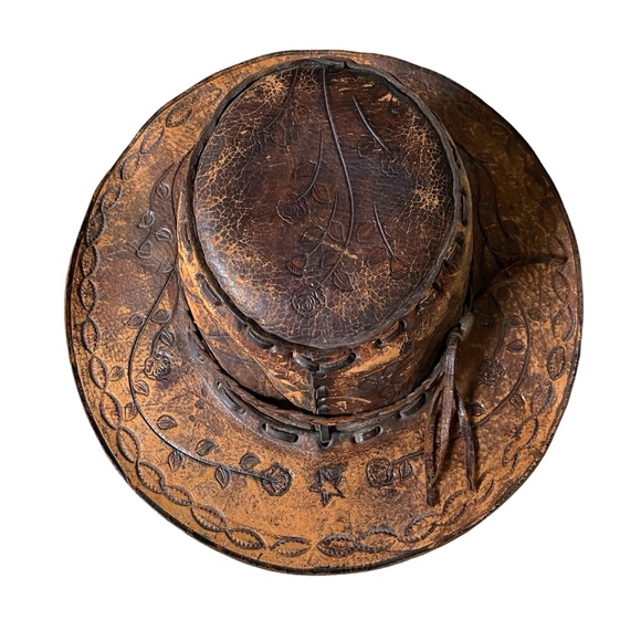 (SOLD) HANDMADE Vintage Hand Tooled Leather Mexican Western Cowboy Hat Hat O/S - Picture 10 of 15